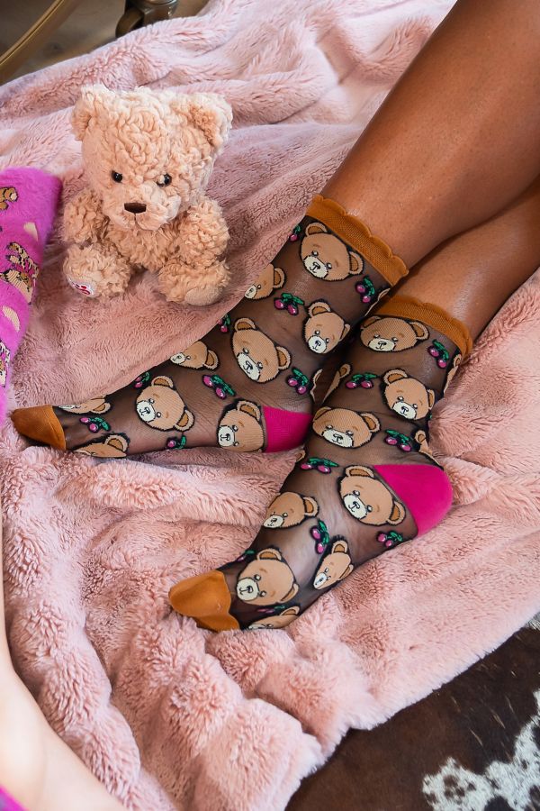 Slide View: 3: Sock Candy Teddy Bear Ruffle Black Sheer Sock