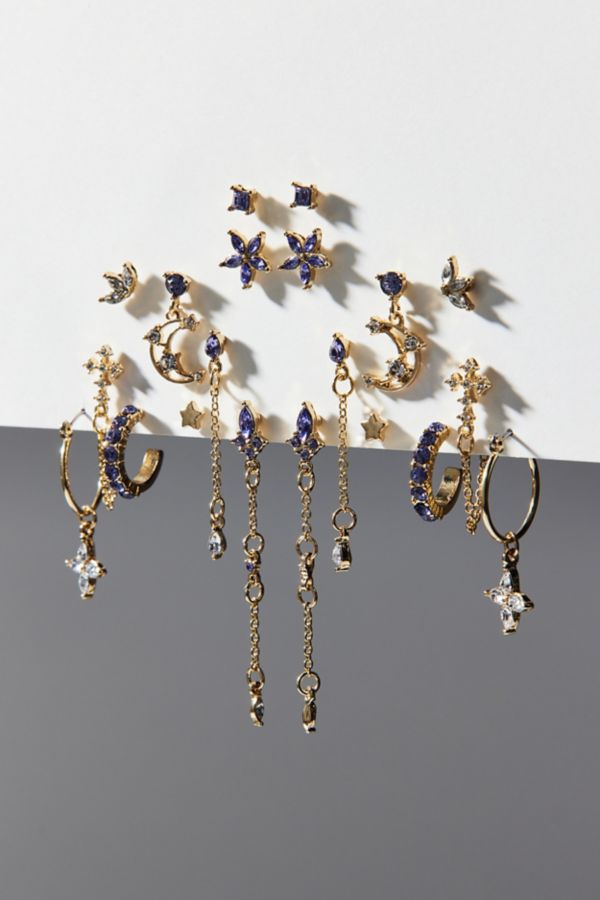 Slide View: 3: Violet Rhinestone Gold Post & Hoop Earring Set