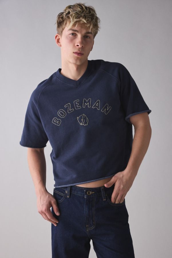 Slide View: 1: BDG Perry Embroidered Cropped Raglan Short Sleeve Sweatshirt