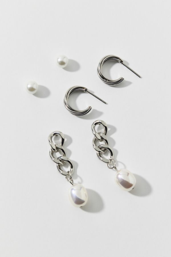 Slide View: 2: Stainless Steel Pearl Post & Hoop Earring Set