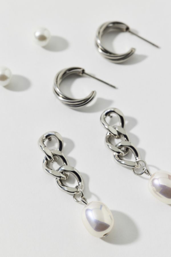 Slide View: 3: Stainless Steel Pearl Post & Hoop Earring Set