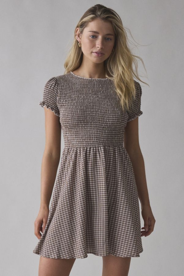 Slide View: 1: Daisy Street Shirred Check Skater Mini Dress