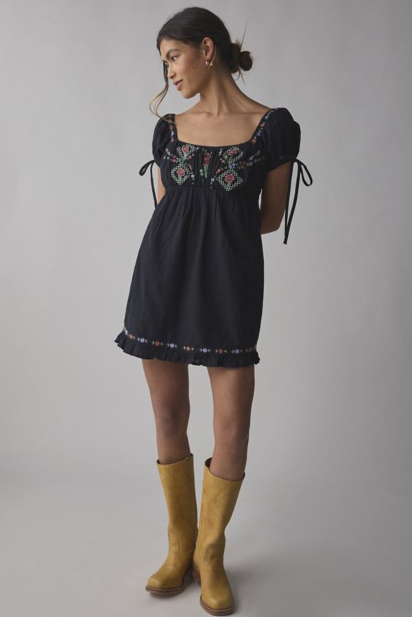 Slide View: 4: Kimchi Blue Marcella Embroidered Tie-Back Babydoll Mini Dress