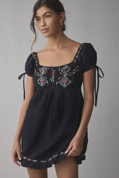 Kimchi Blue Marcella Embroidered Tie-Back Babydoll Mini Dress