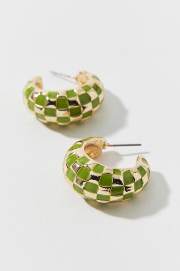 Slide View: 3: Enameled Checkerboard Chubby Hoop Earring