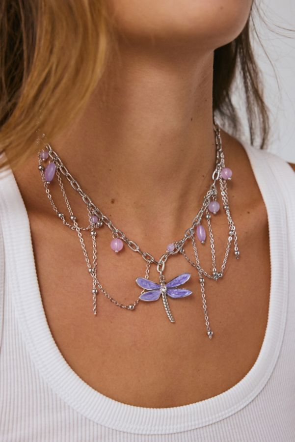 Slide View: 1: Dragonfly Stone Layered Chain Necklace