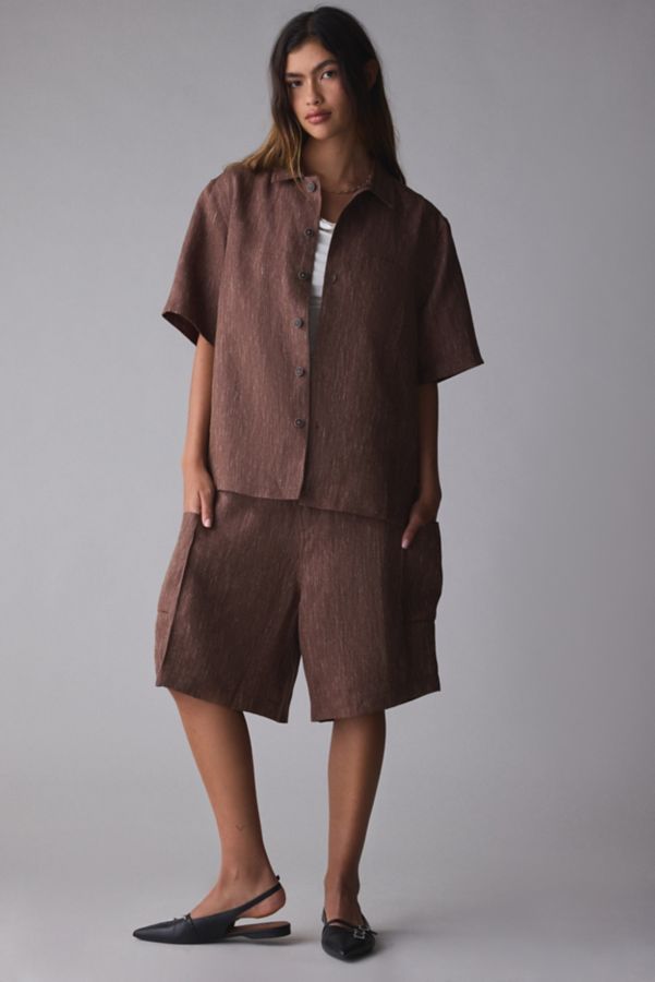 Slide View: 3: FRIED RICE Textured Linen Short Sleeve Shirt