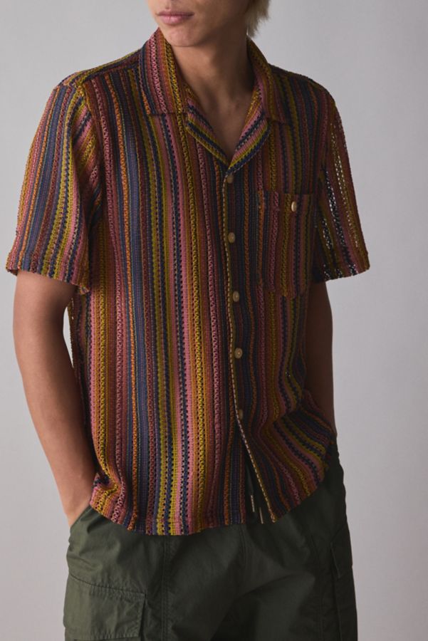 Slide View: 1: FRIED RICE Crochet Stripe Short Sleeve Shirt