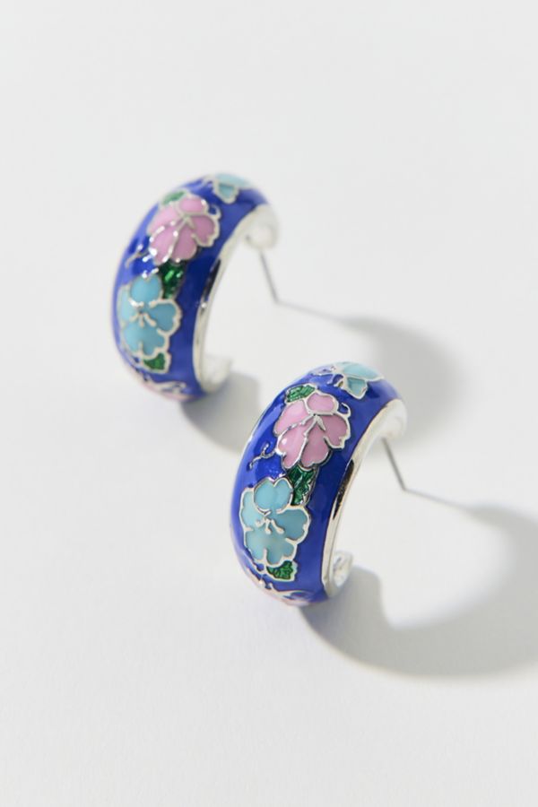 Slide View: 2: Boucles d'Oreilles Créoles Diana Émaillées à Motif Floral