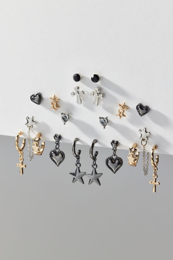 Slide View: 2: Cross My Heart Mixed Metal Post & Hoop Earring Set