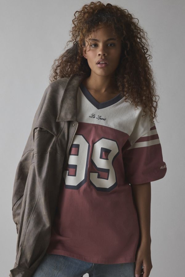 Slide View: 1: 99 Varsity Graphic Oversized V-Neck Jersey Tee