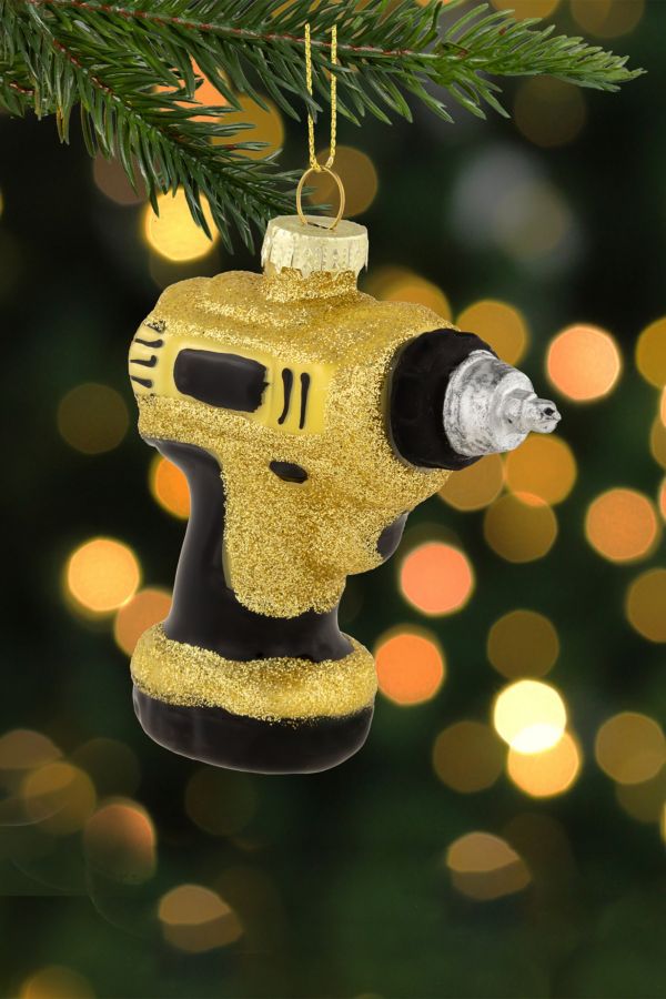 Slide View: 2: Yellow Power Drill Glass Christmas Ornament