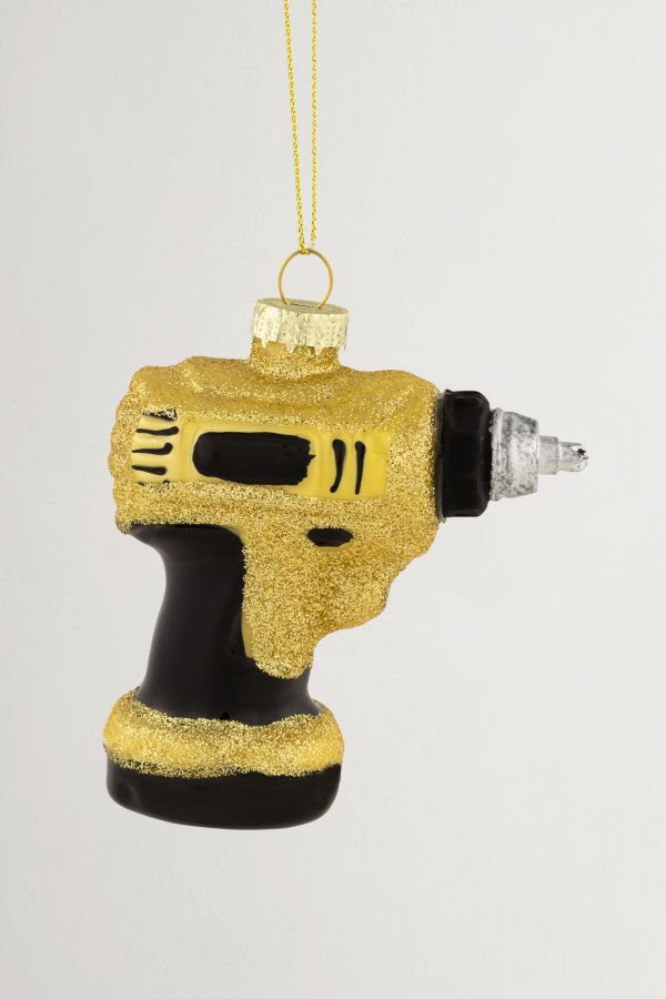 Slide View: 3: Yellow Power Drill Glass Christmas Ornament