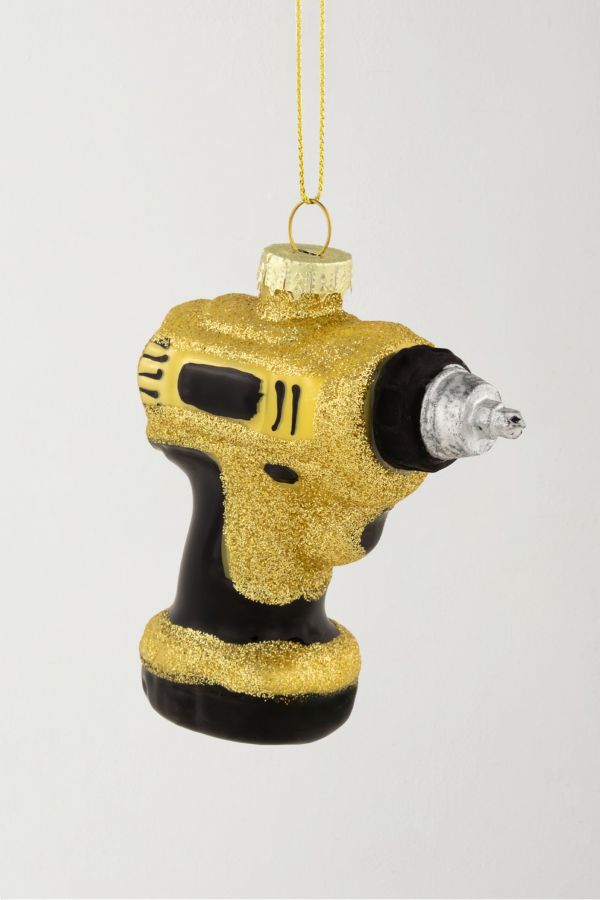 Slide View: 1: Yellow Power Drill Glass Christmas Ornament