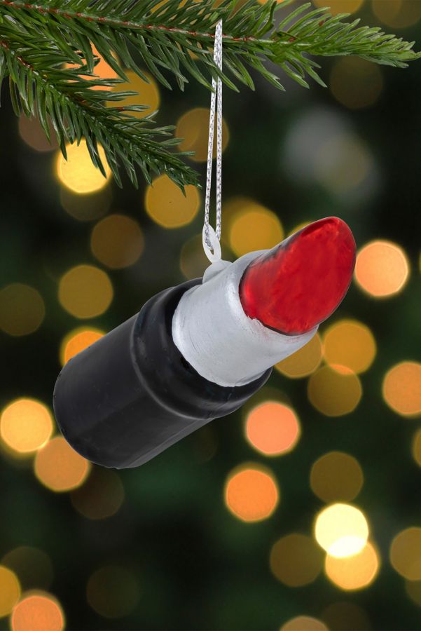 Slide View: 2: Black and Red Lipstick Glass Christmas Ornament