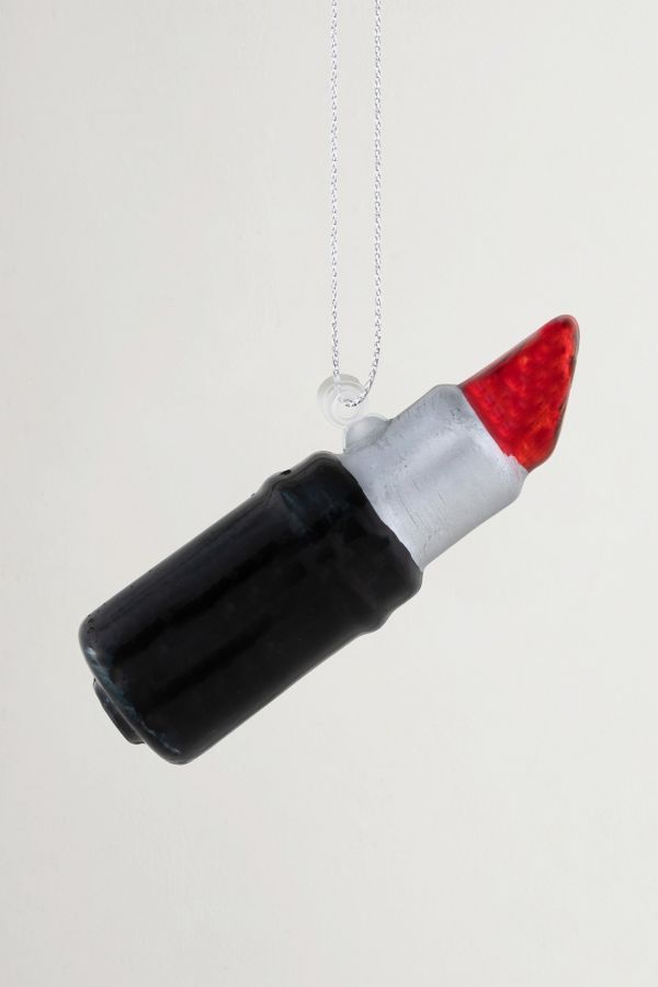 Slide View: 1: Black and Red Lipstick Glass Christmas Ornament