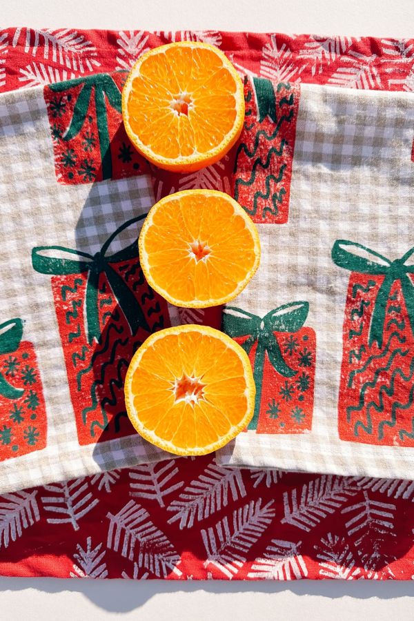 Slide View: 4: Julie Peach Block Printed Presents  Napkin Set