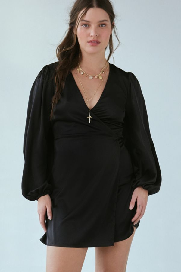 Slide View: 2: Glamorous Black Satin Long Sleeve Wrap Mini Dress