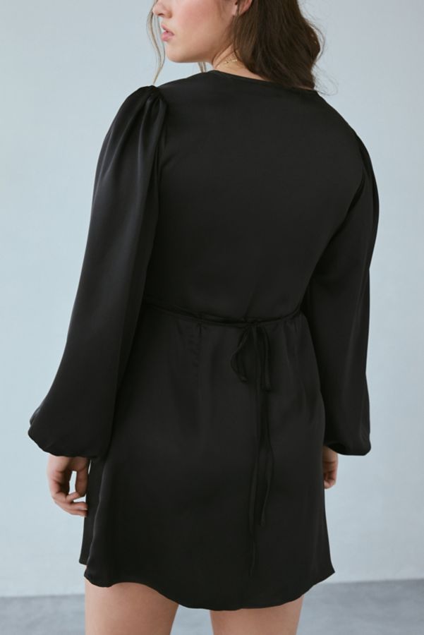 Slide View: 4: Glamorous Black Satin Long Sleeve Wrap Mini Dress