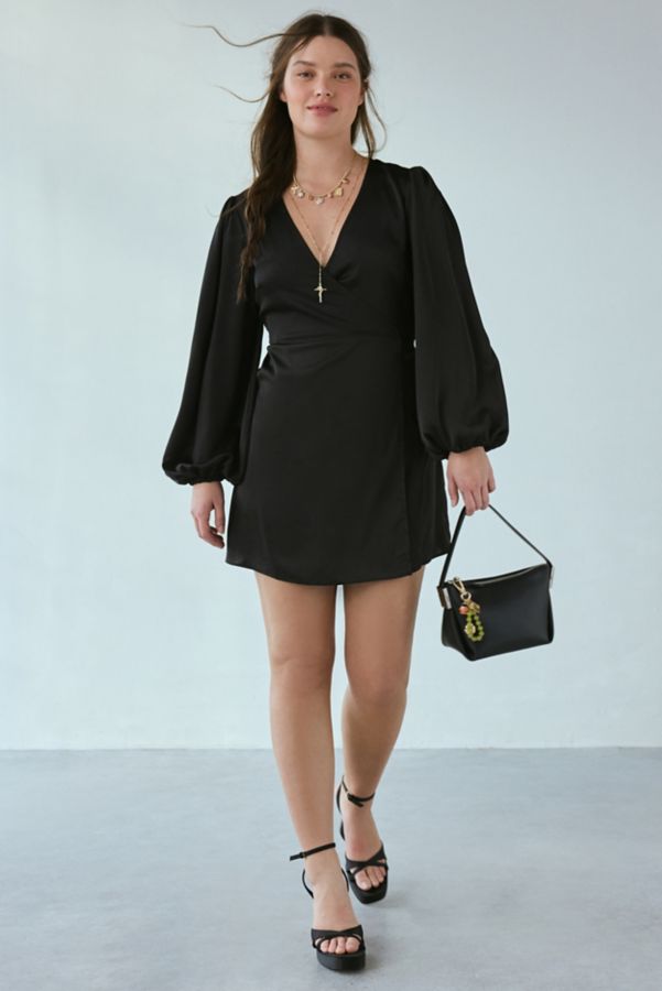 Slide View: 1: Glamorous Black Satin Long Sleeve Wrap Mini Dress