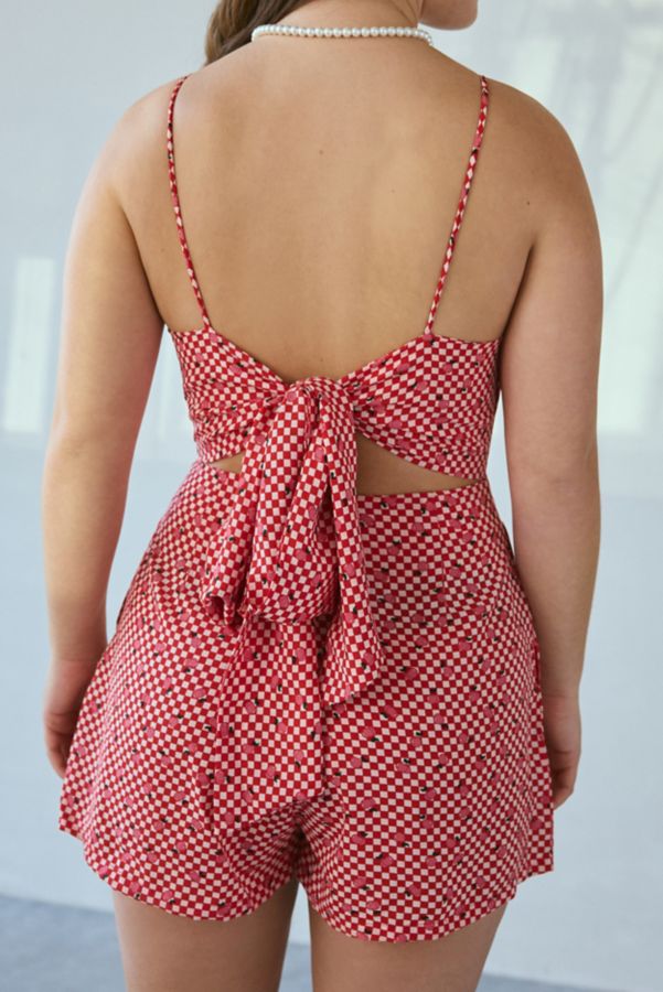 Slide View: 2: Glamorous Cherries + Checks Tie-Back Satin Romper