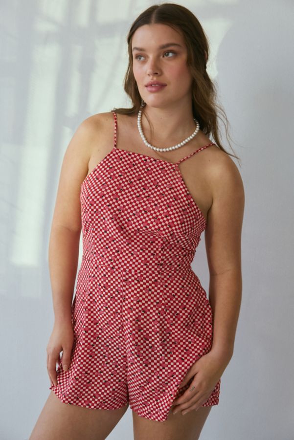 Slide View: 1: Glamorous Cherries + Checks Tie-Back Satin Romper