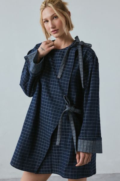 Robe Mini Portefeuille Nouée Devant en Denim à Carreaux Campbell Ghospell