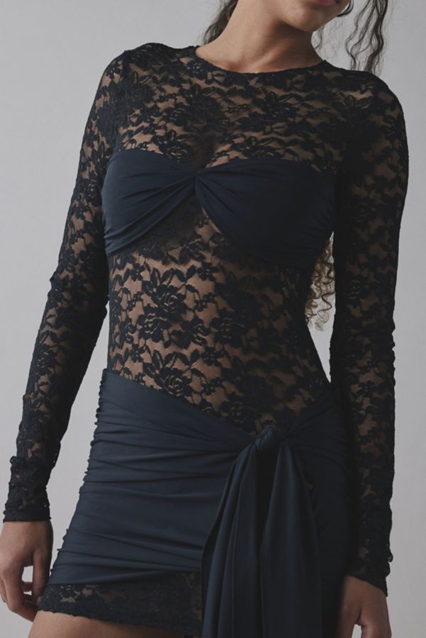 Slide View: 4: Lioness Midnight Sheer Lace Tie-Front Overlay Mini Dress