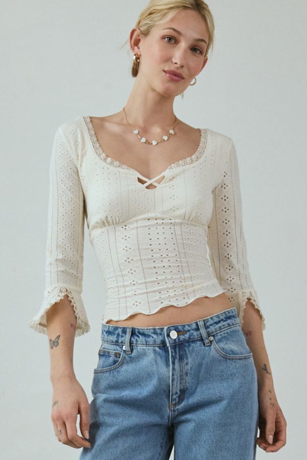 Slide View: 1: Kimchi Blue Zarina 3/4 Bell Sleeve Eyelet Knit Crop Top