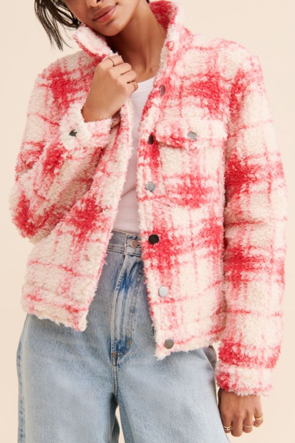 Slide View: 1: Glamorous Plaid Fuzzy Shirt Jacket