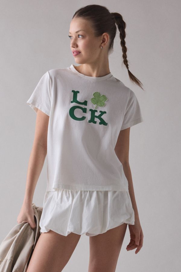 Slide View: 1: Luck 4-Leaf Clover Gingham Applique Graphic Slim Tee