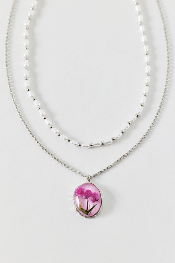 Slide View: 1: Flora Flower Pendant Pearl Layering Necklace Set