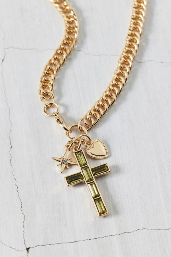 Slide View: 2: Florence Gem Cross Pendant Curb Chain Necklace