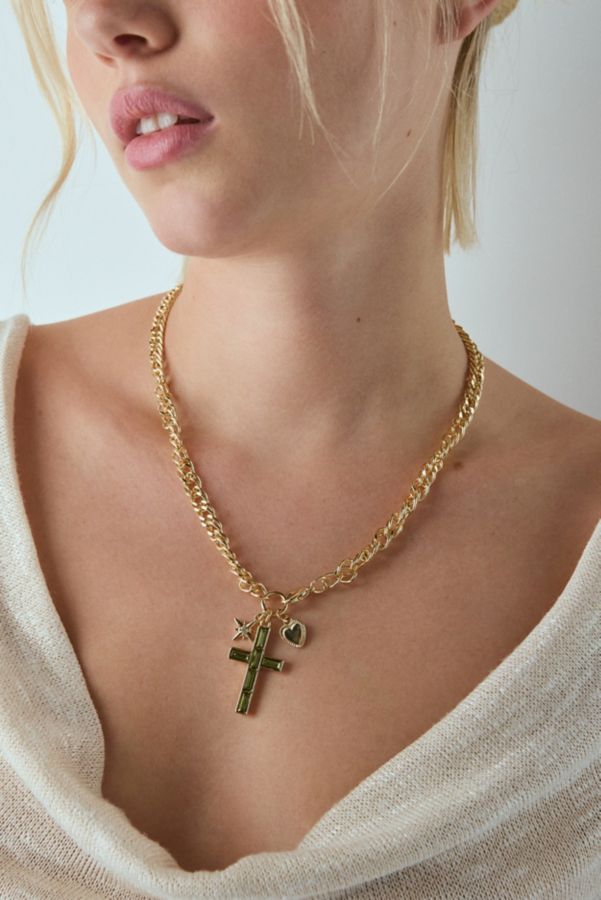 Slide View: 1: Florence Gem Cross Pendant Curb Chain Necklace