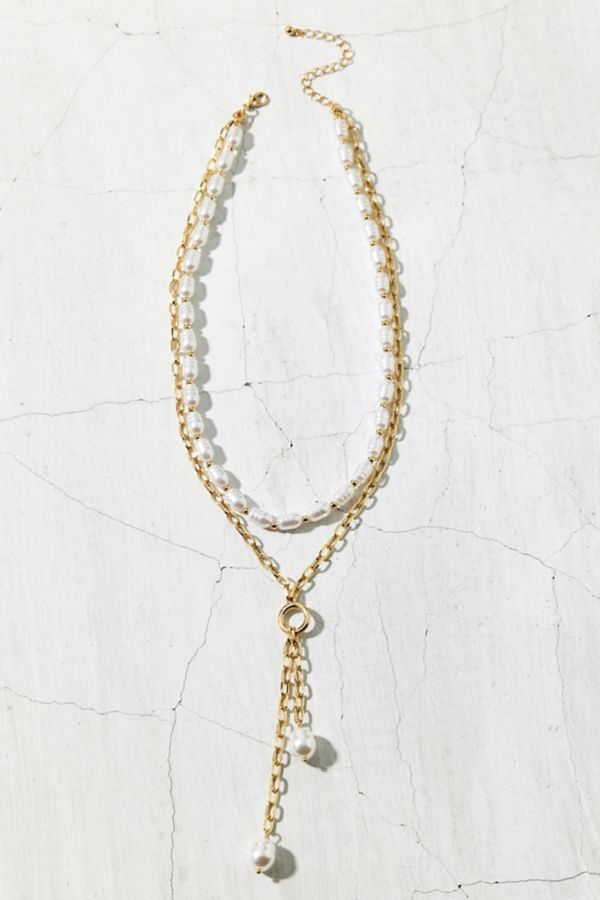 Slide View: 1: Pearl Layered Lariat Necklace