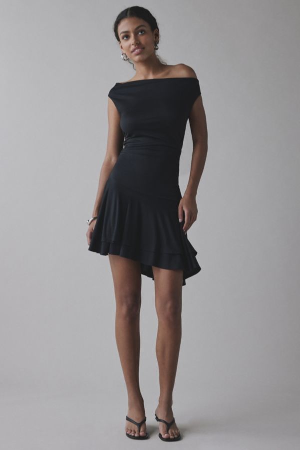 Slide View: 2: UO Happy Hour Asymmetrical Off-The-Shoulder Mini Dress