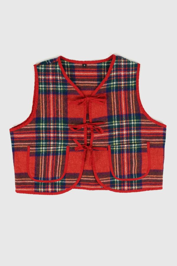 Slide View: 1: Reworked Woolen Plaid Tie Vest 01