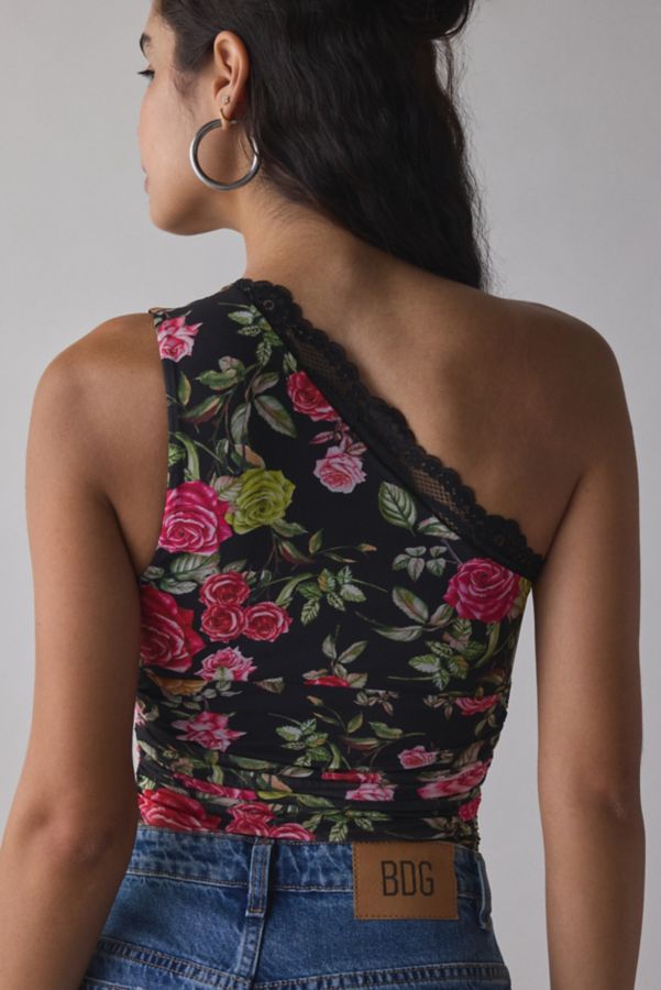 Slide View: 4: AFRM Delaney Wallpaper Rose One-Shoulder Lace Trim Top