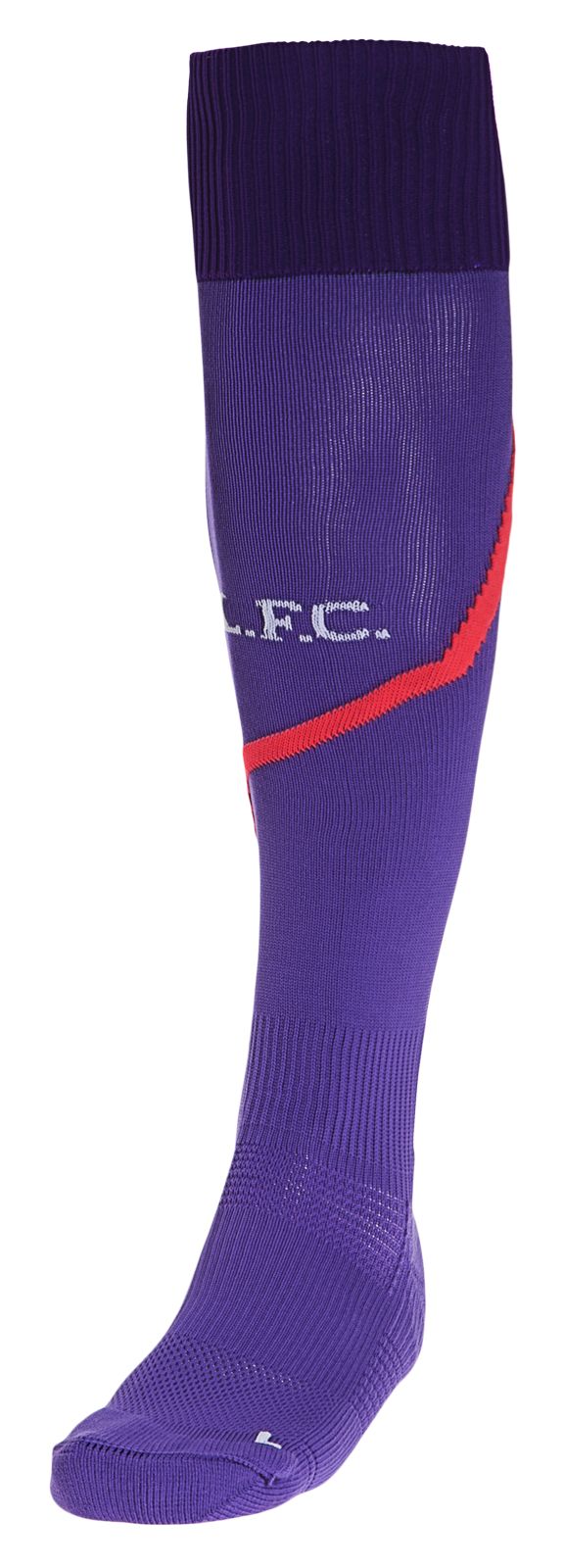 Liverpool Away Goalkeeper Sock 2013/14, Blackberry Cord with Prism Violet & Fluorescent Pink image number 1