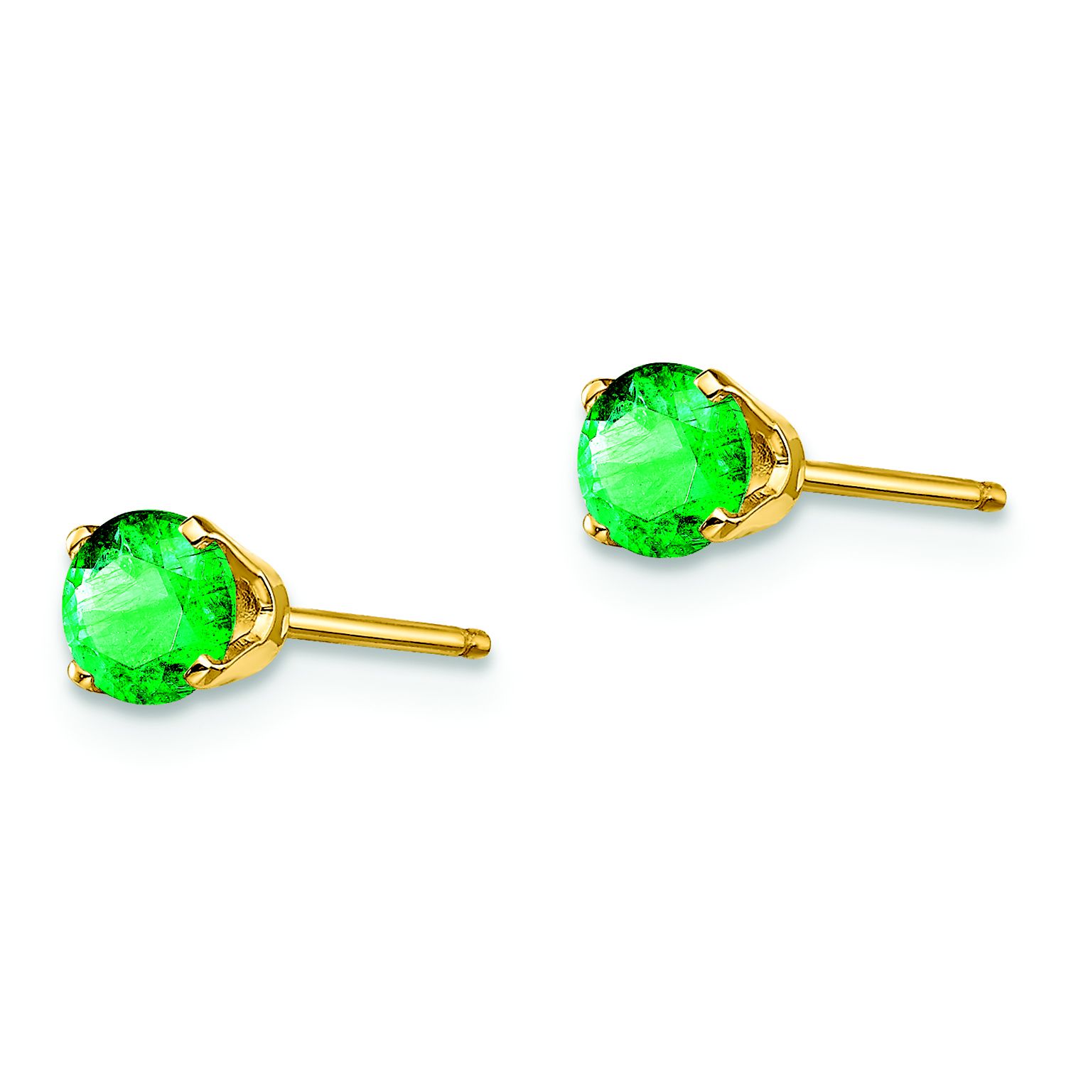 14K Yellow Gold 4MM Round Emerald and Diamond Earrings 