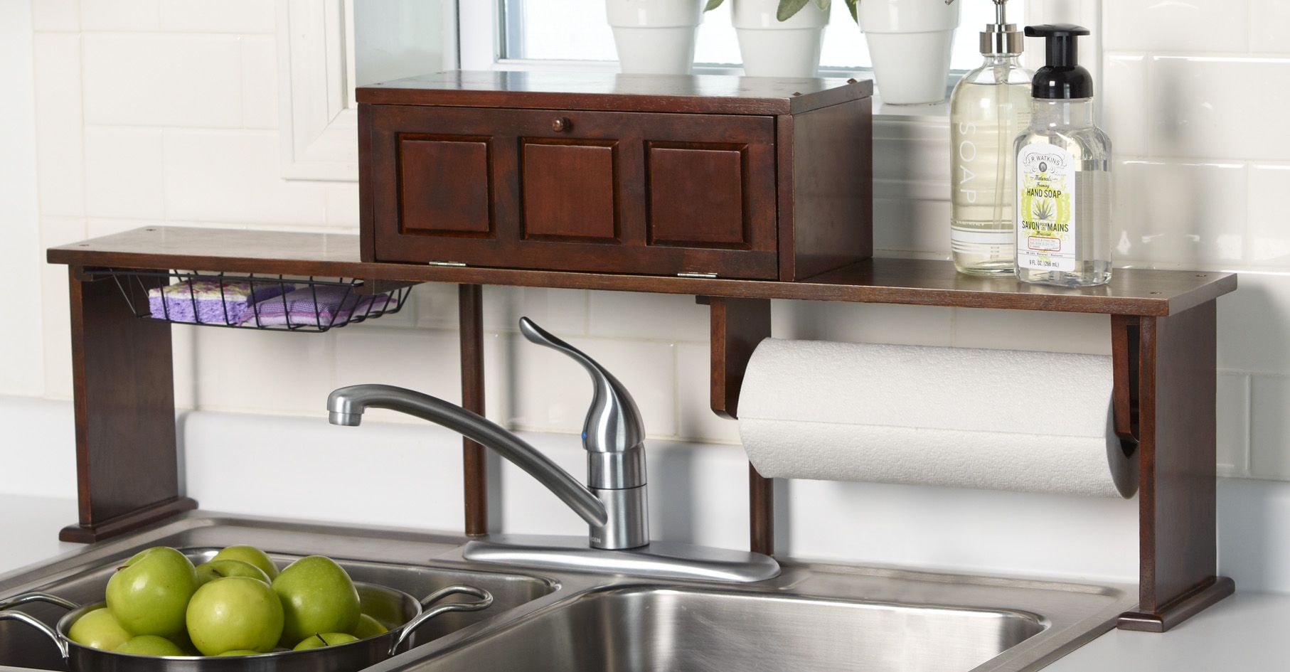 Apple over the online sink shelf