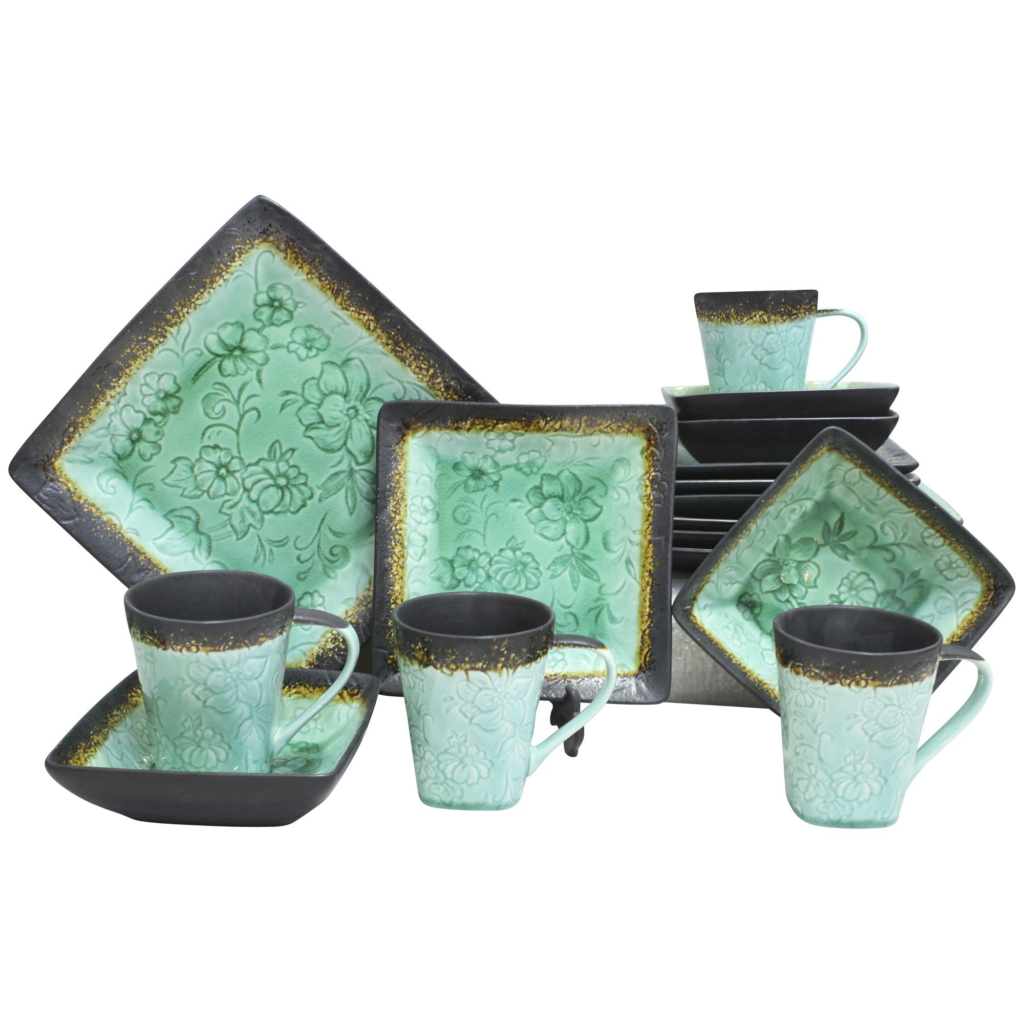 Stoneware Dinnerware Set Green Black McLeland Design 16 Pc Dinnerware 