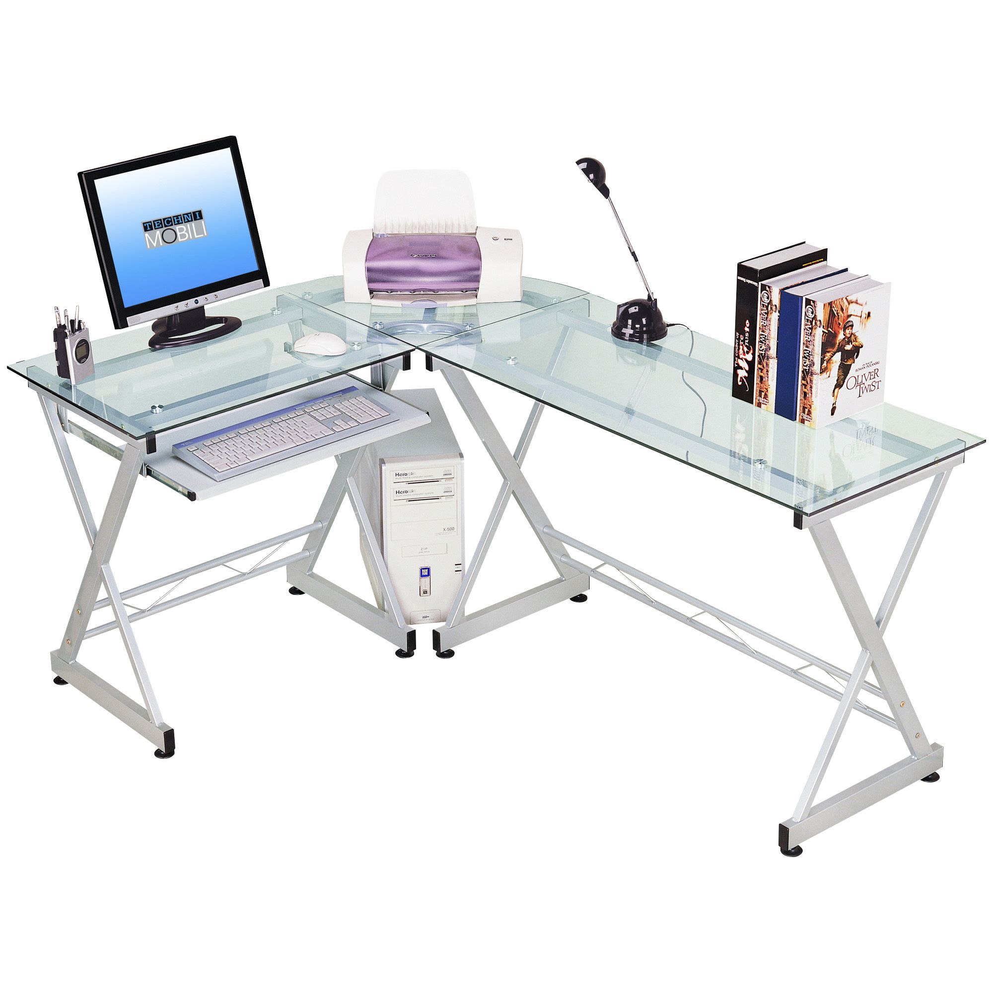 Techni Mobili  Compact Computer Desk With Side Shelf And Keyboard Panel