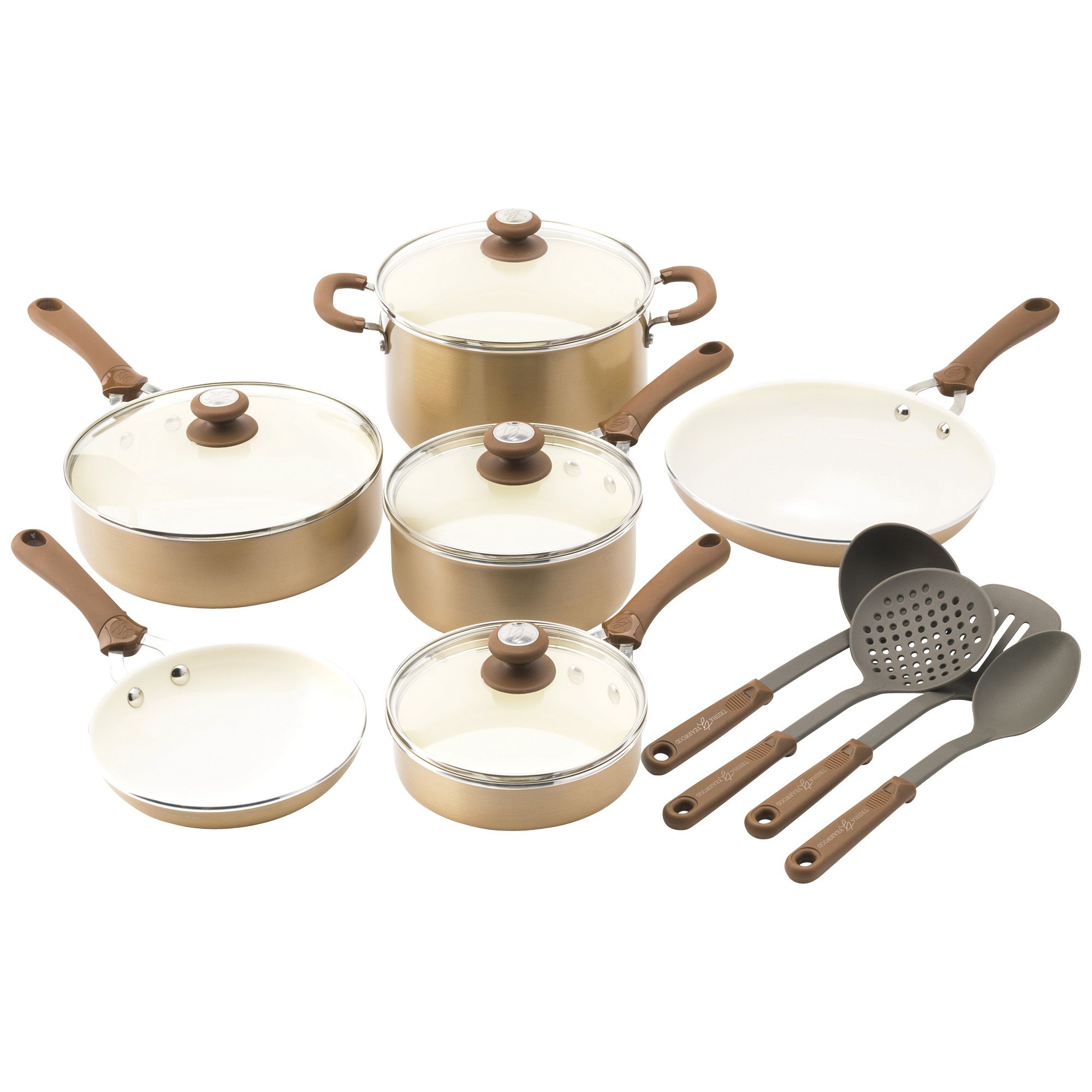Fingerhut - Trisha Yearwood Cottage Precious Metals 14 Piece Nonstick Ceramic  Cookware Set