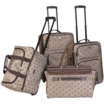 American Flyer Fleur De Lis Fabric 4 Piece Luggage Set in Brown