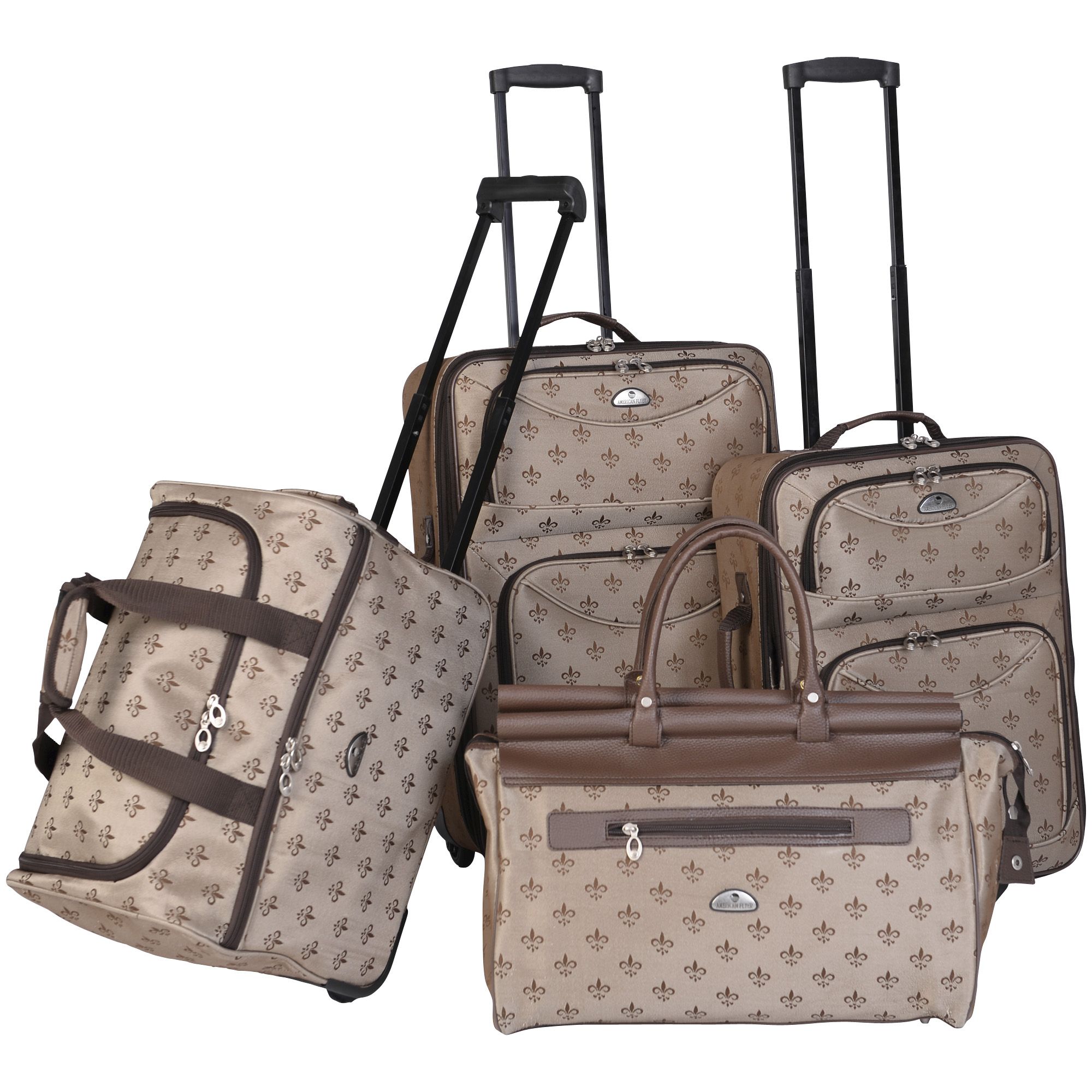 American Flyer Fleur de Lis Fabric 5 Piece Spinner Luggage Set in