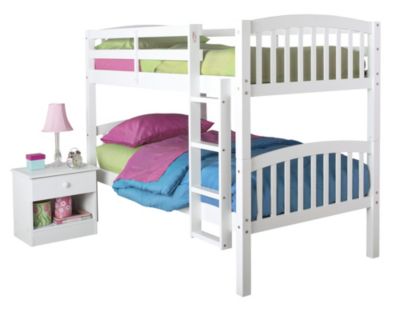 white bunk beds with mattresses