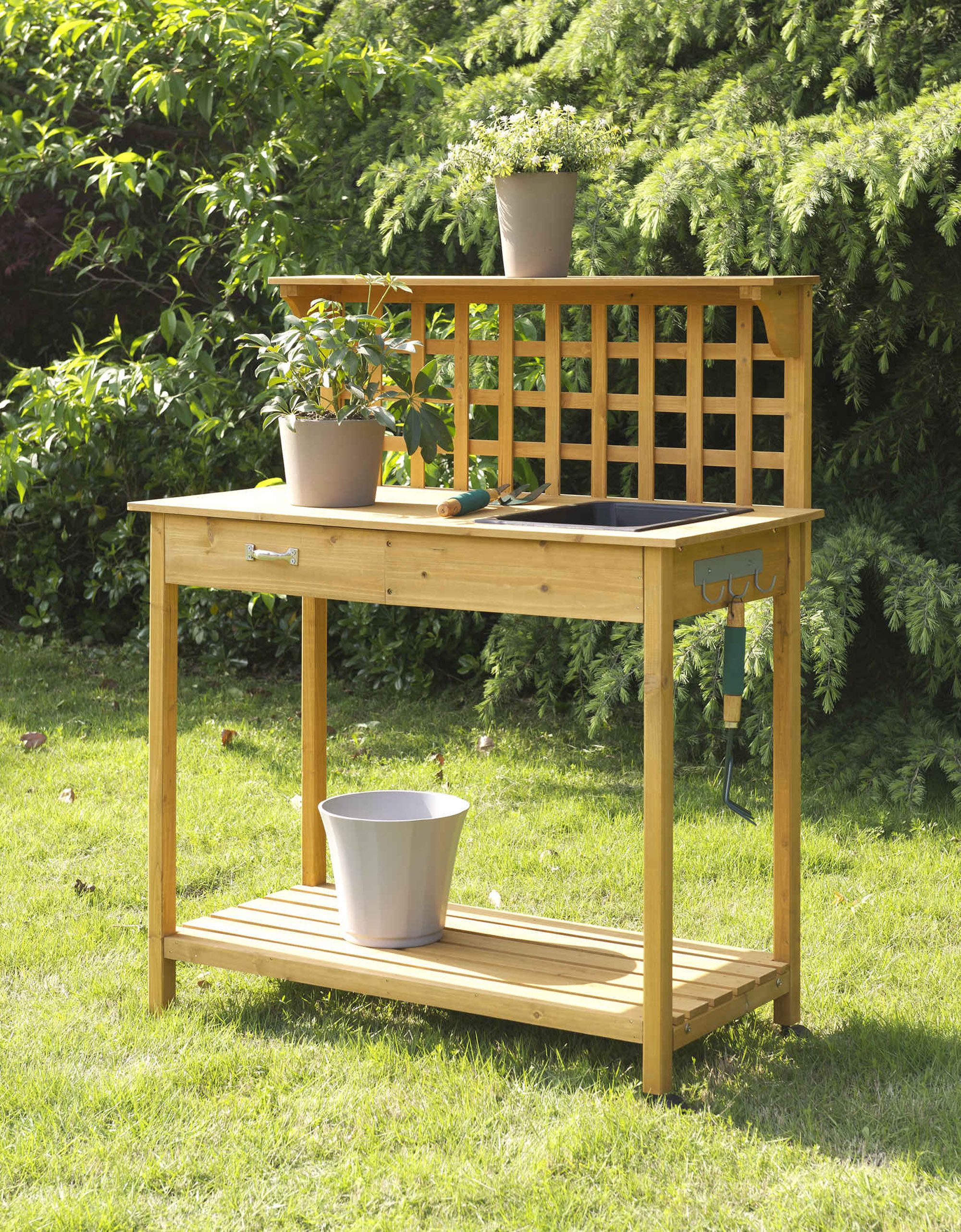 cheap potting bench on Fingerhut Convenience Concepts Lattice Potting Bench Light Oak