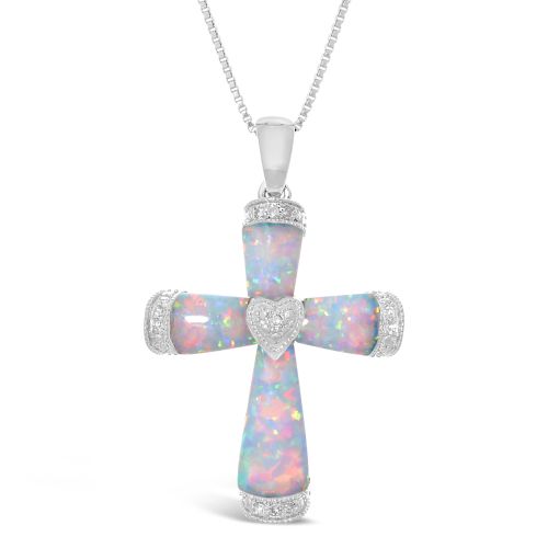 Sterling Silver Lab-Created Opal &amp; Diamond Cross Pendant