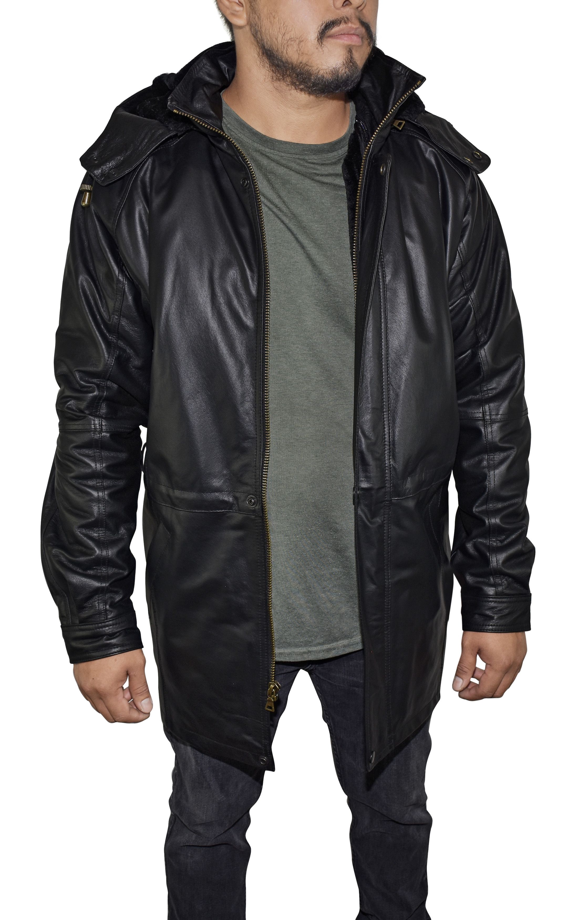 Victory Men s Big Tall 3 4 Length Hooded Leather Coat